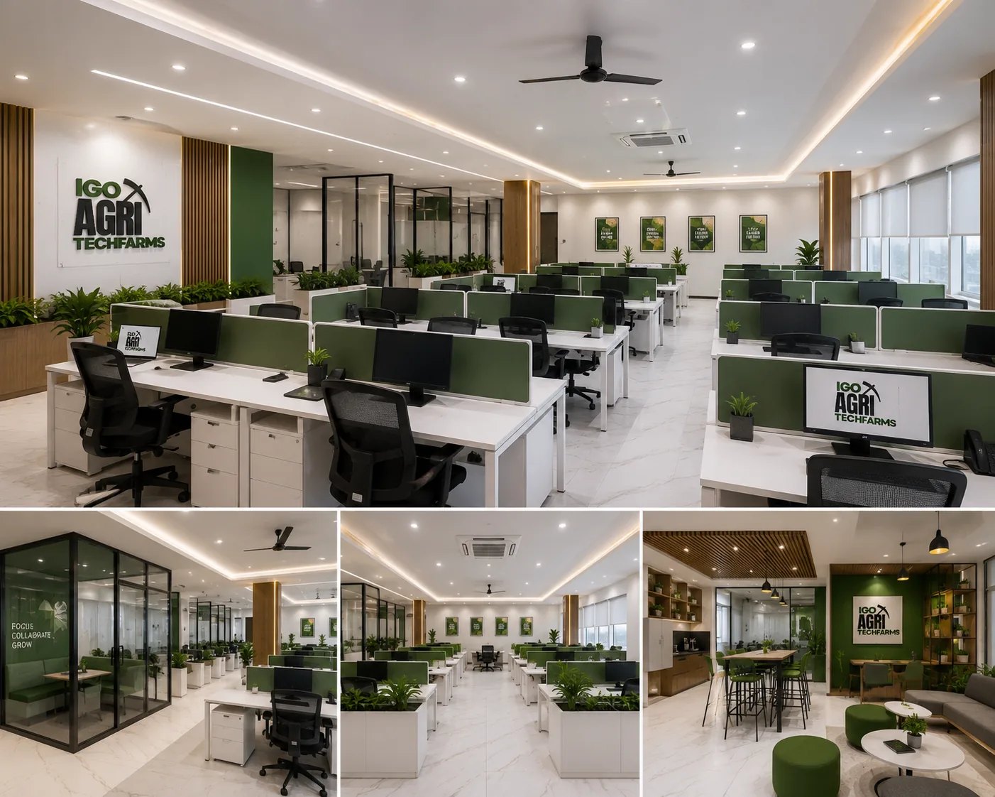 Open-plan workstations organised by department